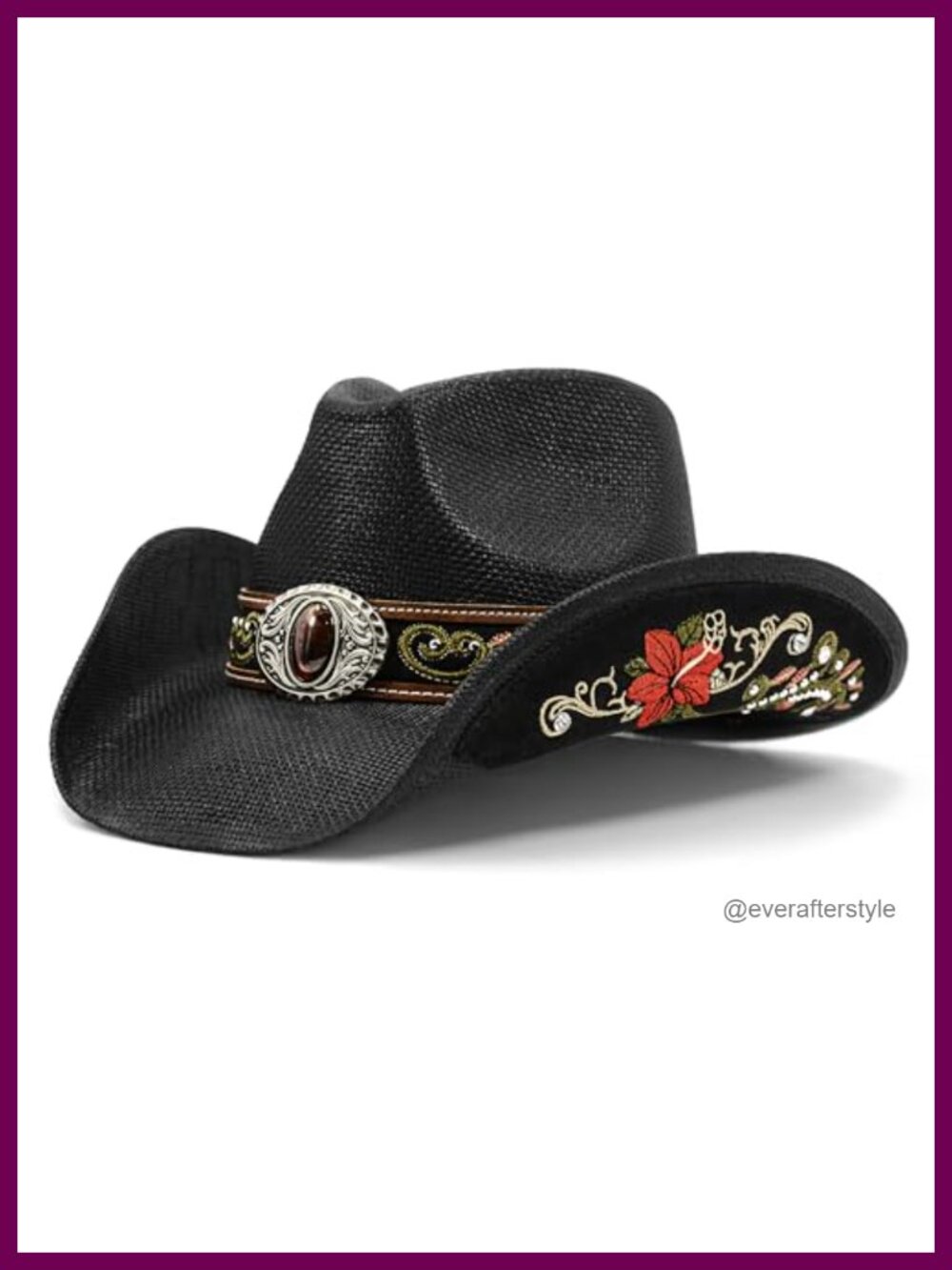 Handmade Straw Western Cowboy Hat Embroidered Floral Embellished Outdoor